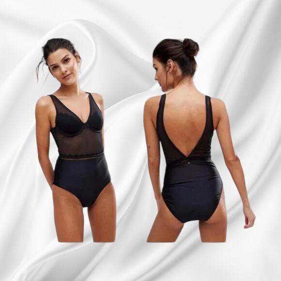 (50% OFF) NWT TED BAKER Kesia Scalloped Mesh Swimsuit Black 32 C/D - Picture 10 of 10